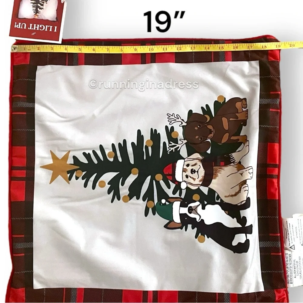 NWT Home Reflections Light Up Holiday Throw Pillow With Red & Black Tartan Trim